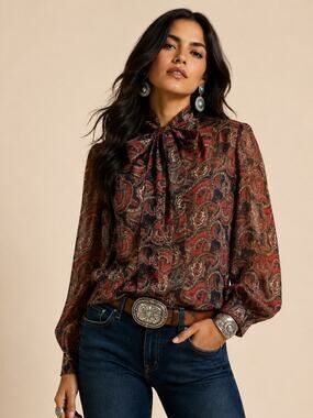 VTG 70s Act III Paisley Secretary Blouse Semi Sheer Red Brown Large